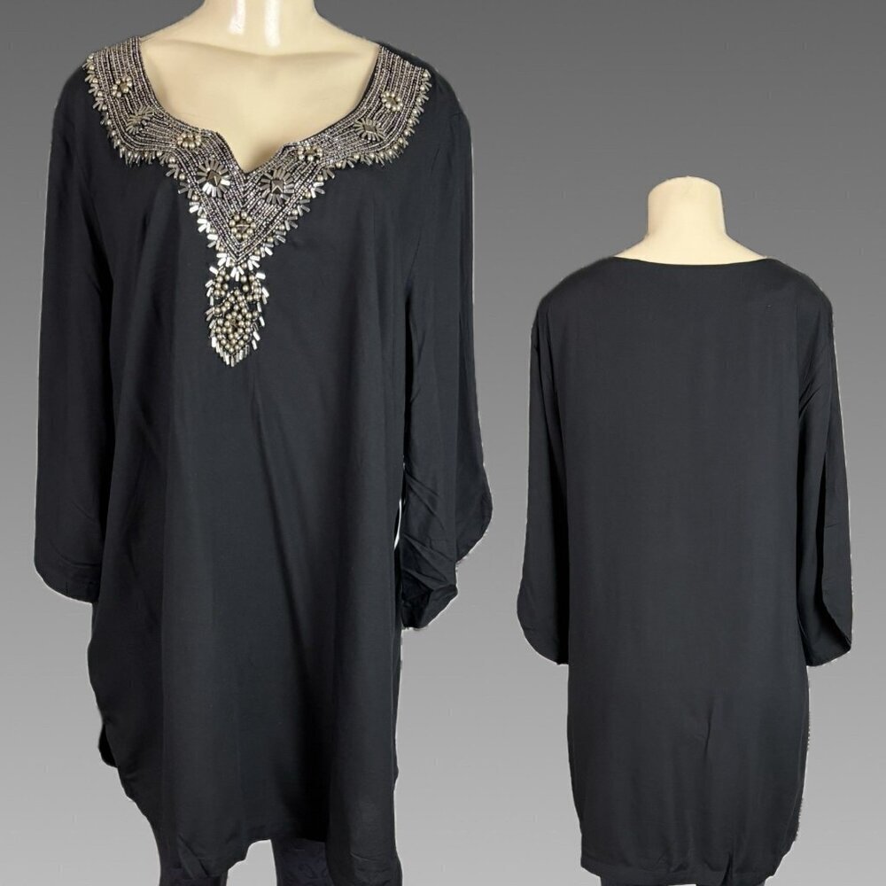 Ellos + 18 Black Metallic Gunmetal Beaded V-Neckline 3/4 Sleeve Tunic Blouse